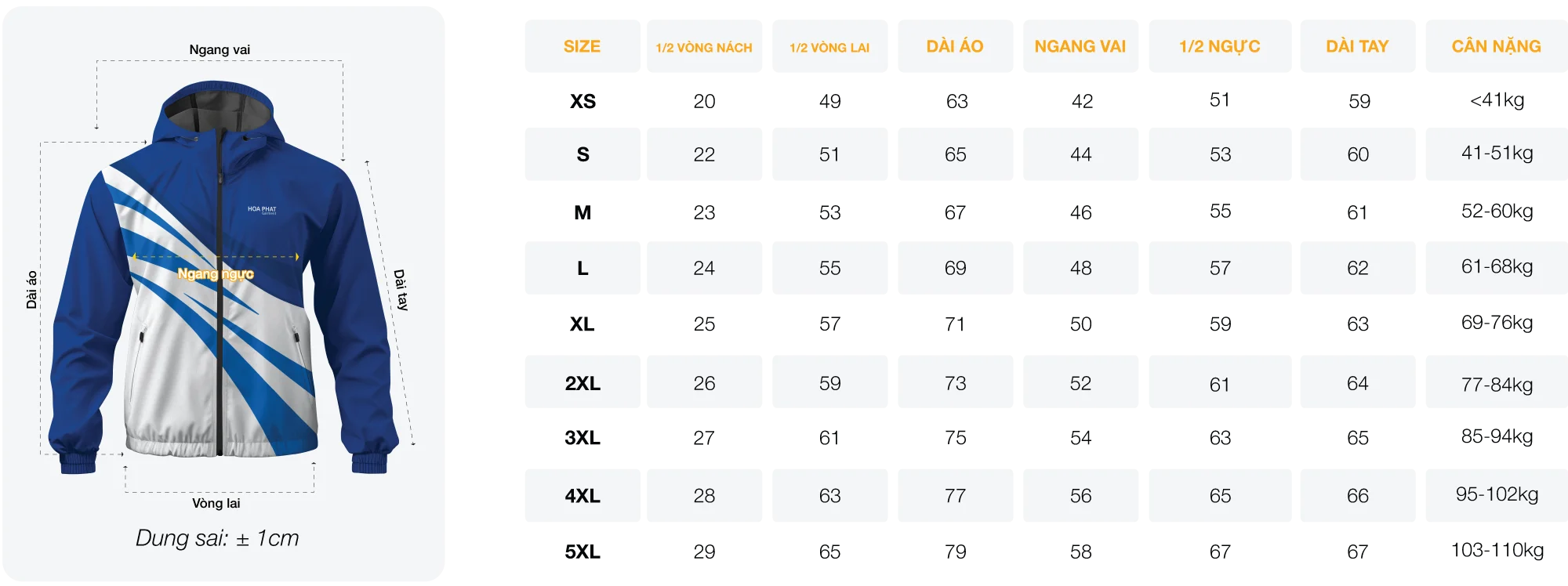 Bảng size chi tiết áo gió đồng phục