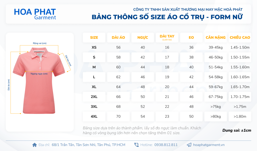 bảng size áo thun cổ trụ form nữ